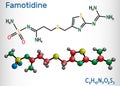 Famotidine, molecule. It is used for treatment of peptic ulcer disease, heartburn, gastroesophageal reflux disease. Structural