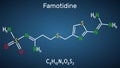 Famotidine, molecule. It is used for treatment of peptic ulcer disease, heartburn, gastroesophageal reflux disease. Structural