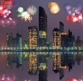 Abu Dhabi with skyscrapers against fireworks in United Arab Emirates