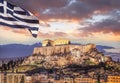 Acropolis with Parthenon temple against Greek flag in Athens, Greece Royalty Free Stock Photo