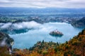 Famous alpine Bled lake Blejsko jezero in Slovenia, amazing autumn landscape. Scenic aerial view