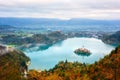 Famous alpine Bled lake Blejsko jezero in Slovenia, amazing autumn landscape. Scenic aerial view, outdoor travel background