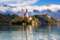 Famous alpine Bled lake Blejsko jezero in Slovenia, amazing autumn landscape, outdoor travel background