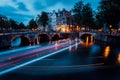 Famous Amsterdam Canal and magic light trails of a Vessel