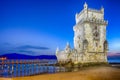 Famous Ancient Belem Tower on Tagus River in Lisbon at Blue Hour in Portugal Royalty Free Stock Photo
