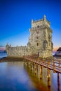 Famous Ancient Belem Tower on Tagus River in Lisbon at Blue Hour in Portugal Royalty Free Stock Photo