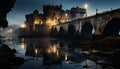 Famous ancient bridge reflects majestic Gothic city silhouette at dusk generated by AI