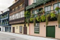 Famous ancient colorful balconies decorated with flowers in Santa Cruz de La Palma.