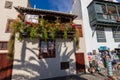 Famous ancient colorful balconies decorated with flowers. Santa Cruz - capital city of the island of La Palma, Canary Islands,