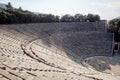 Famous ancient Epidauros amphitheater located in Greece near Lighourio city at early sunset in backlight