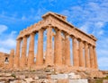 Famous ancient Parthenon Greek temple dedicated to the goddess Athena on a bright sunny day on the Acropolis in Athens, Greece