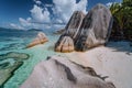 Famous Anse Source d`Argent. Exotic tropical paradise beach on island La Digue in Seychelles. Huge Granite boulders and Royalty Free Stock Photo