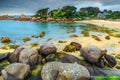 Famous Atlantic ocean coast with granite stones,Perros-Guirec,France Royalty Free Stock Photo