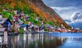 Famous Austrian scenic view of Hallstatter lake and village in Hallstatt