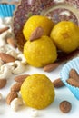 Famous authentic Indian sweets Motichoor Laddu made from besan or chickpeas flour. Vegetarian and healthy food. White background