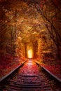 Famous Autumn Trees Tunnel with old railway - Tunnel of Love. Natural tunnel of love formed by trees