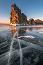 Famous Baikal Lake Ice and Island Oltrek at Sunrise, Baikal Lake