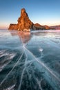 Famous Baikal Lake Ice and Island Oltrek at Sunrise, Baikal Lake