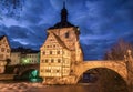 Famous Bamberg town hall with Regnitz river at night, Bavaria, Germany Royalty Free Stock Photo