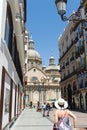 The famous basilica in Zaragoza visible from a side street. Spain.