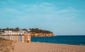 Famous beach huts in Sagaro with Playa de Sant Pol, Costa Brava. Spain. Mediterranean Sea