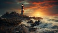 Famous beacon guides ships through dangerous dark waters at dusk generated by AI Royalty Free Stock Photo