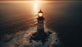 Famous beacon illuminates coastline at dusk, danger nearby generated by AI