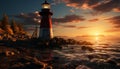 Famous beacon illuminates tranquil coastline, reflecting sunset beauty generated by AI Royalty Free Stock Photo