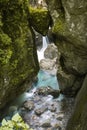 Famous bear`s head - wedged rock - in beautiful tolmin gorges in triglav national park, slovenia