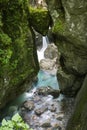 Famous bear`s head - wedged rock - in beautiful tolmin gorges in triglav national park, slovenia