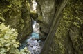 Famous bear`s head - wedged rock - in beautiful tolmin gorges in triglav national park, slovenia