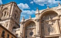 Famous bell tower and the main facade of the 16th-century Burgos Cathedral in Granada, Spain Royalty Free Stock Photo
