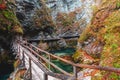 Famous and beloved Vintgar Gorge canyon with wooden path in beautiful autumn colors near Bled Lake of Triglav National Park Royalty Free Stock Photo