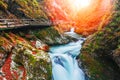 Famous and beloved Vintgar Gorge canyon with wooden path in beautiful autumn colors near Bled Lake of Triglav National Park Royalty Free Stock Photo