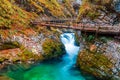 Famous and beloved Vintgar Gorge canyon with wooden path in beautiful autumn colors near Bled Lake of Triglav National Park Royalty Free Stock Photo