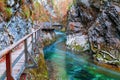 Famous and beloved Vintgar Gorge canyon with wooden path in beautiful autumn colors near Bled Lake of Triglav National Park Royalty Free Stock Photo