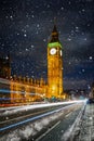 Big Ben tower and Westminster Palace with falling snow, London, United Kingdom Royalty Free Stock Photo