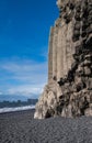 The famous Black Sand ocean Beach, mount Reynisfjall and Picturesque Basalt Columns, Vik, South Iceland. Dyrholaey Cape and rock