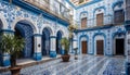 Famous blue arches adorn ancient Arabic style building in African city generated by AI