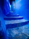 the staircase at narrow blue street in Chefchaouen Royalty Free Stock Photo