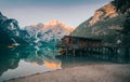 A famous boathouse at Braies Lake Royalty Free Stock Photo