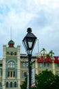 Famous Bourbon Street, Mystical New Orleans. Ancient street lamp and road sign