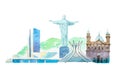 Famous Brazil landmarks travel and tourism waercolor illustration. Royalty Free Stock Photo