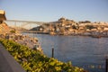 Famous bridge Ponte Luis in Porto bottom view. Riverside near giant steel bridge with people and boats. Royalty Free Stock Photo