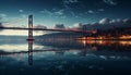 Famous bridge reflects cityscape blue sunset, illuminating urban skyline generated by AI Royalty Free Stock Photo