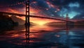 Famous bridge reflects sunset, illuminating cityscape in tranquil twilight generated by AI