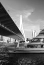 Famous bridge in Rotterdam Netherlands with cruise ship under the bridge., black and white photography