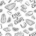 Famous british fast-food - fish and chips. Fish and chips seamless pattern. English fish and chips for fast food snack