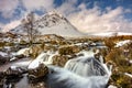 Buachaille Etive Mor Waterfall Covered In Snow. Glencoe, Scotland.