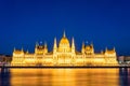 Famous Budapest parliament at the river Danube during blue hour Royalty Free Stock Photo